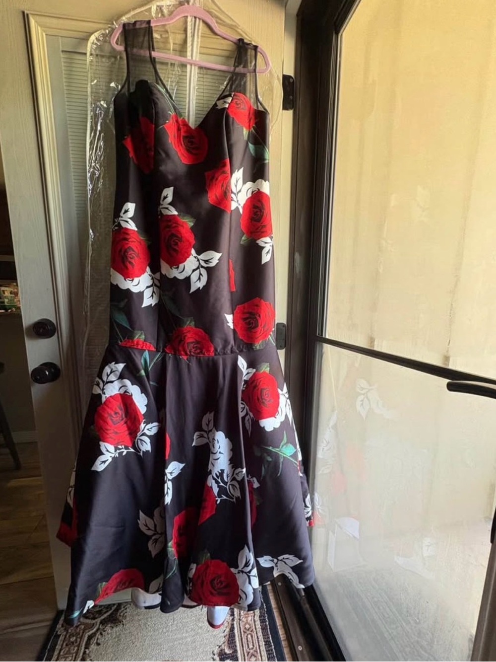 Mac Duggal Black Maxi Dress with Red Rose Motif